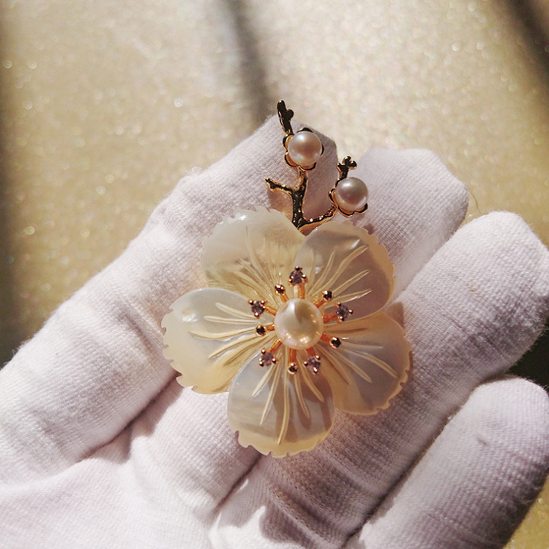 温书院天然贝壳淡水珍珠花朵一枝梅新品复古胸针别针X526