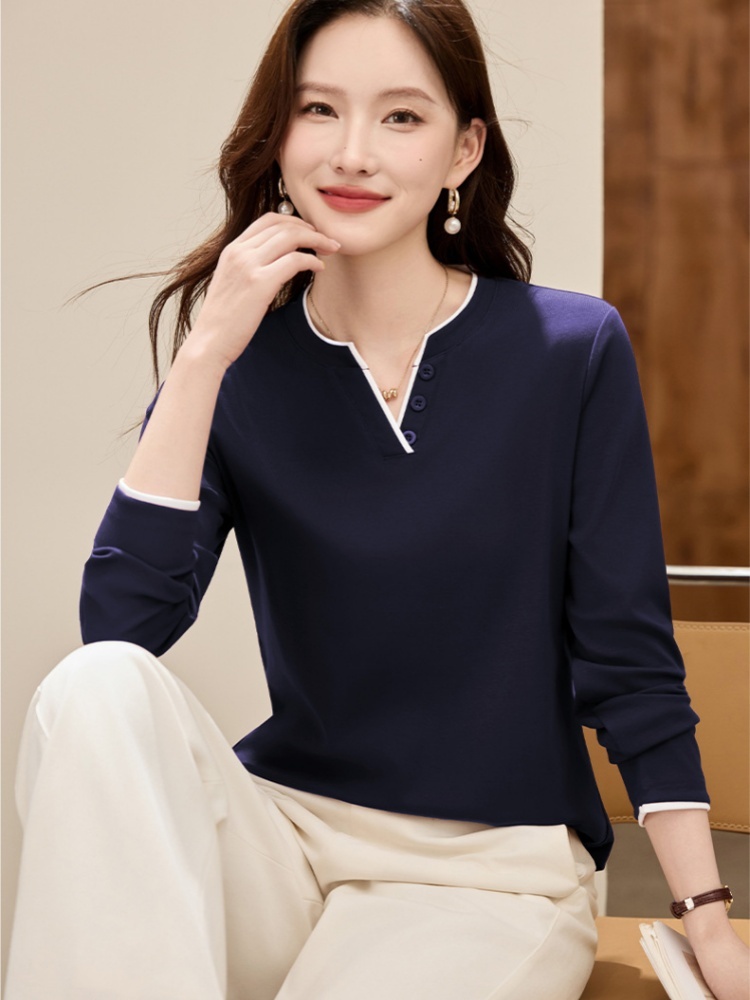 轩凌子加绒高支撞色V领质感T恤XS92534012D·宝蓝色