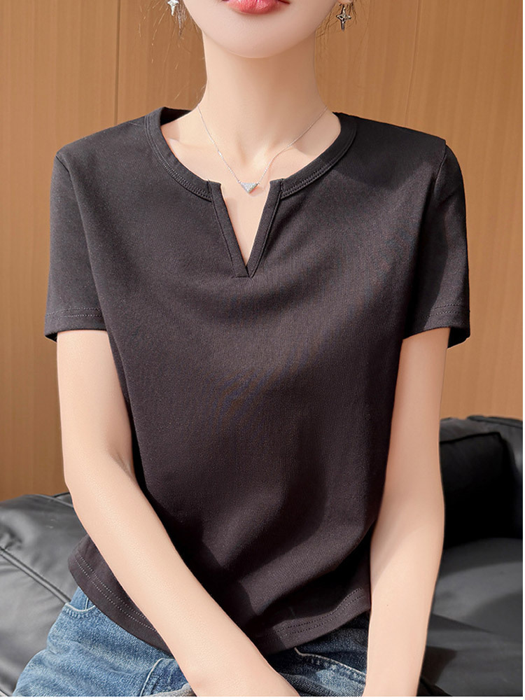 新款92纯棉质感透气设计师V领气质短袖·黄色