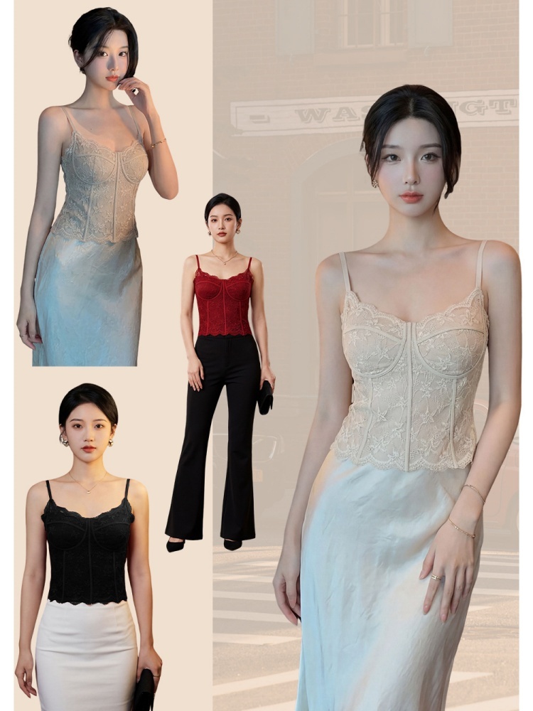 【罩杯一体】2件赛蔻法式蕾丝V领鱼骨设计背心S331·复古红