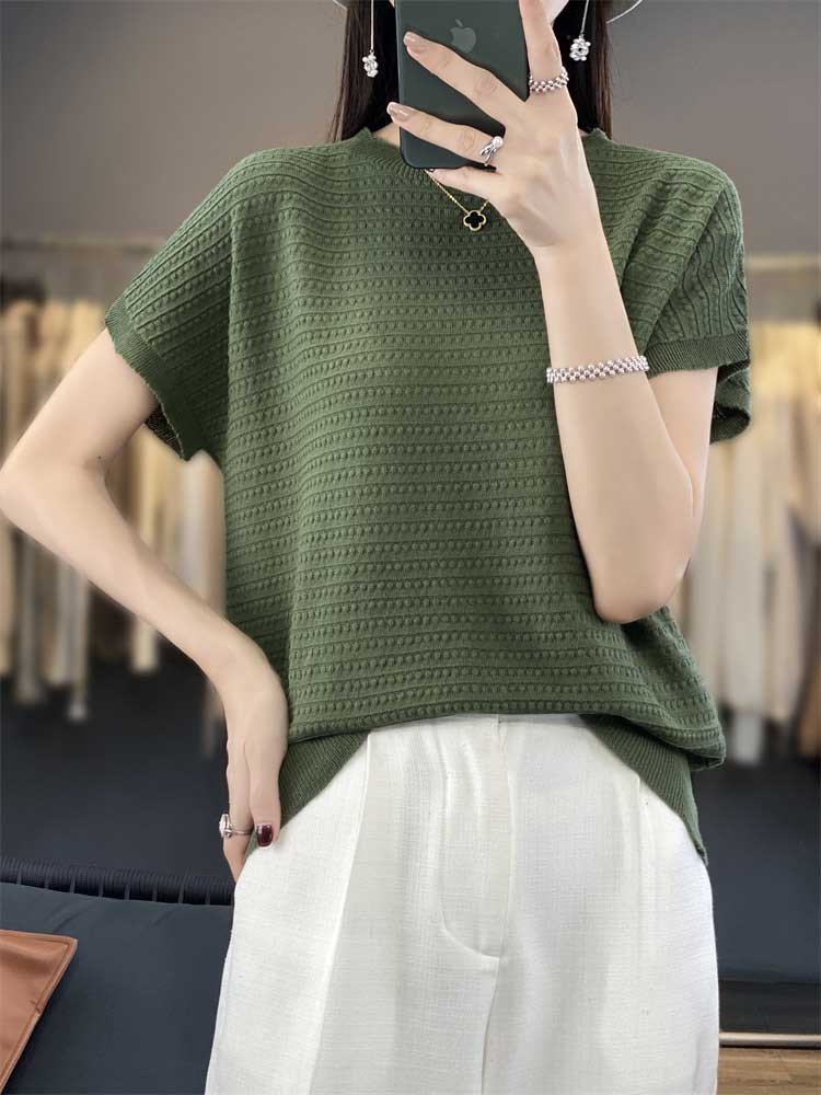【2件装/100棉】纯棉线针织小飞袖设计感法式小众T恤·米白+绿色