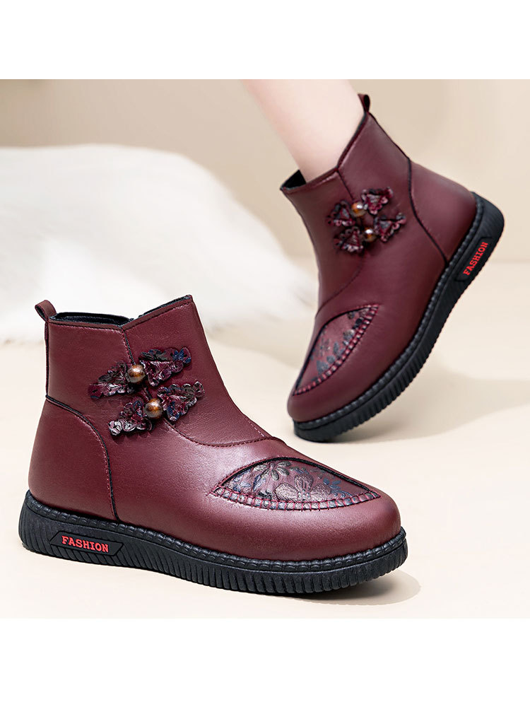 时尚刺绣厚底加绒保暖防滑侧拉链妈妈棉靴·黑色