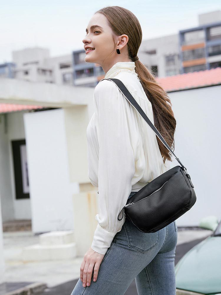 头层牛皮软真皮斜挎包饺子包2256#·黑色