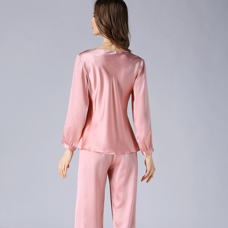 春秋新款高贵丝绸睡衣100%桑蚕丝家居服套装·XM-T77125粉色