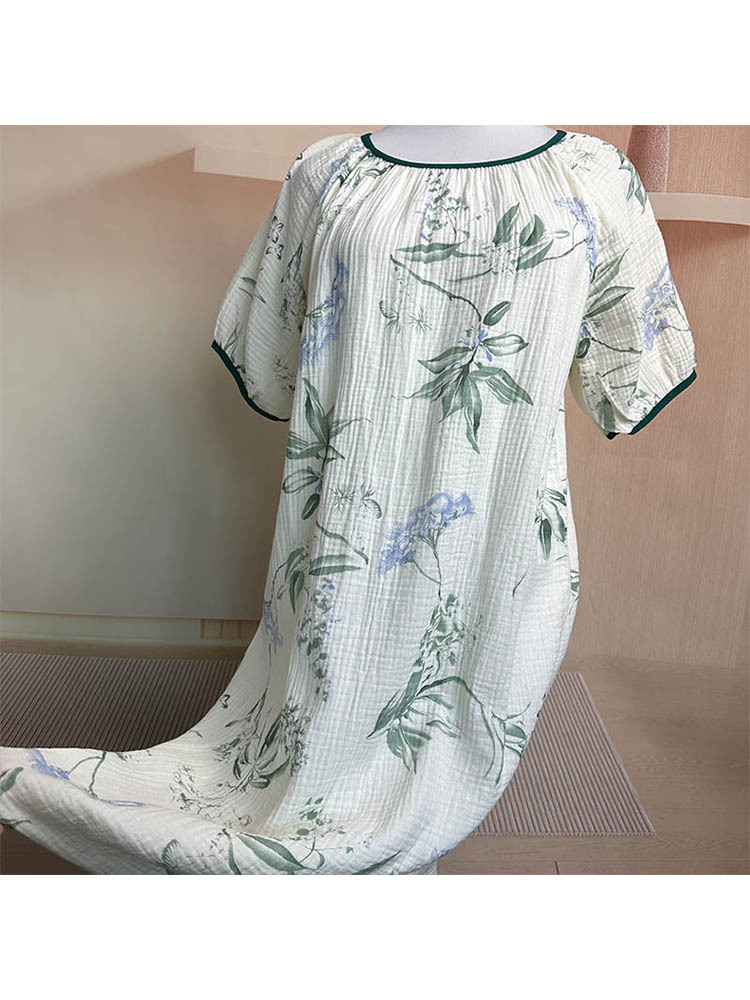 亏本清仓【纱布棉/100棉】家居裙·白底绿花