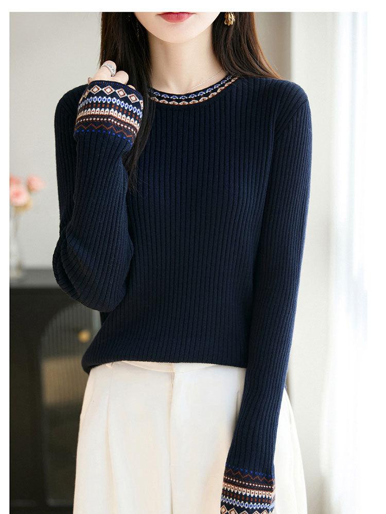 【爆款特价】精纺羊毛复古提花坑条显瘦百搭毛衣·深咖色