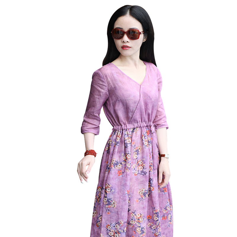 丁摩 新款旅行文艺仙气苎麻印花中长款裙子拼色连衣裙19-QL147·紫色