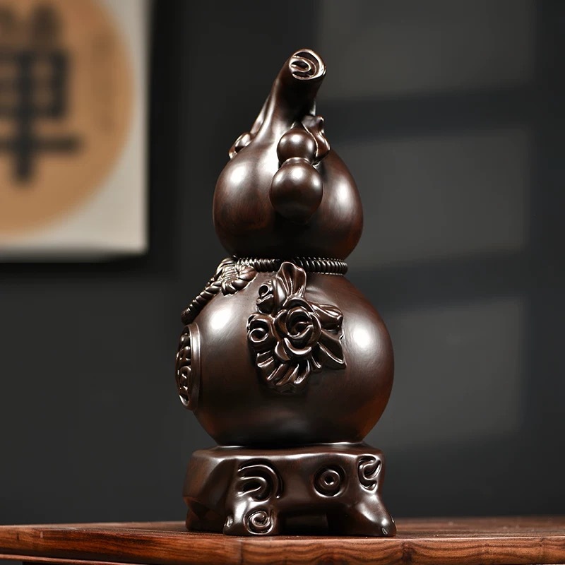 百年许氏 实木黑檀花梨木雕如意葫芦摆件10cm