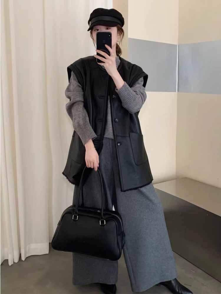 秋冬新款高级感美利奴皮毛一体两面穿皮草马甲·黑色