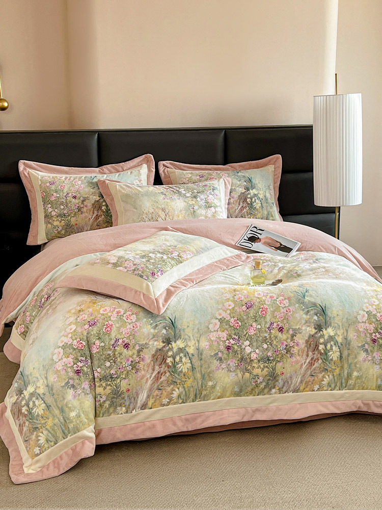 多宝雅2025新款A类高克重全消光大版数码印花75D牛奶绒四件套·绿叶仙踪-绿