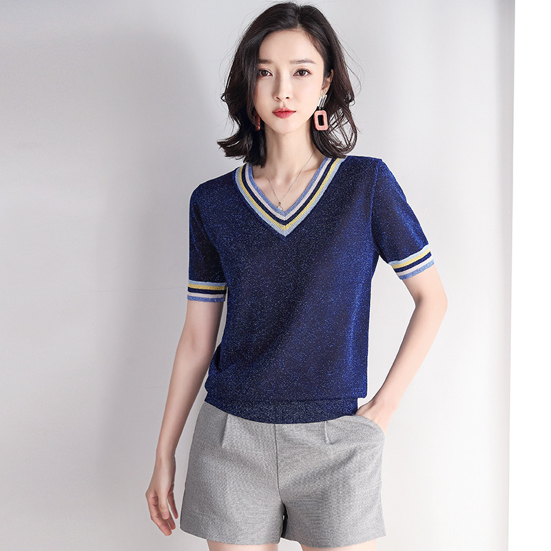 漫丽依亮丝冰丝短袖针织衫·v领黑色 t3173