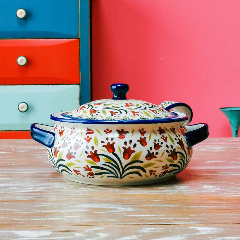 欧式波兰风陶瓷2L汤碗（赠送汤勺1个）·酒红小雏菊