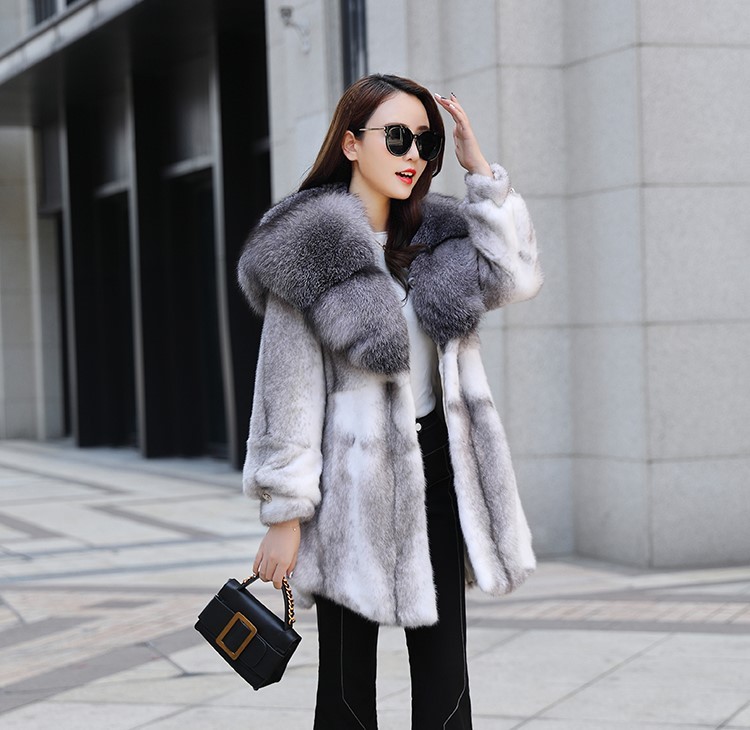 米彩微姿进口十字貂超大银狐毛领中长款皮草外套银本色