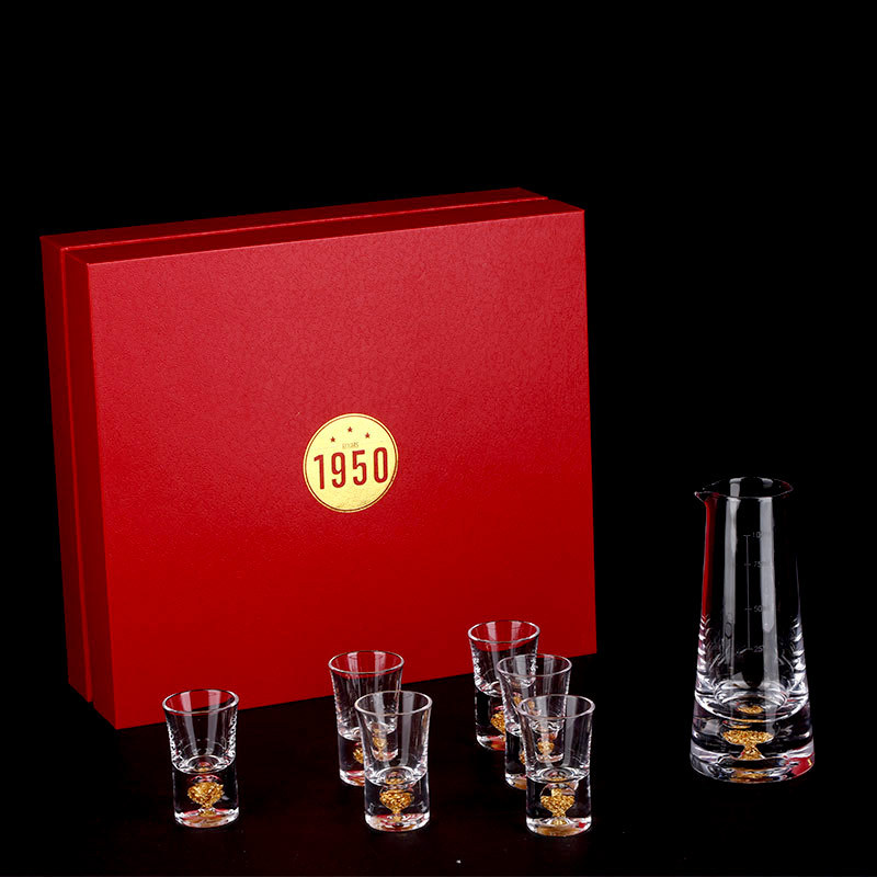1950手工吹制直身金箔白酒杯酒具礼盒7件套装·透明