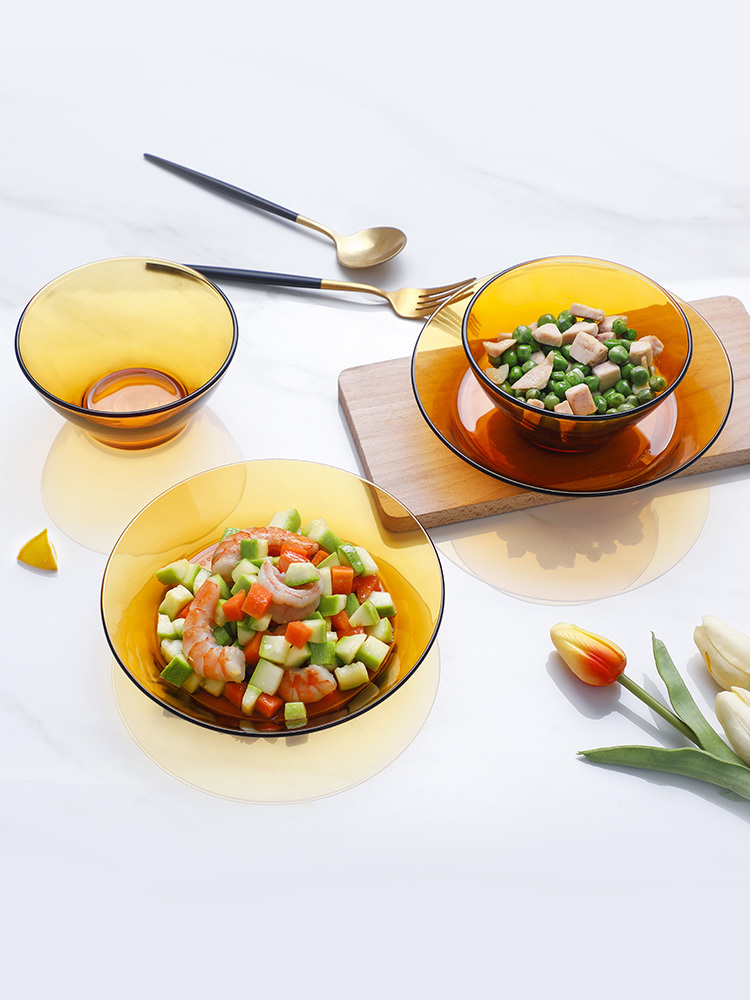 法国多莱斯进口食品级钢化玻璃餐具双人四件套琥珀色沙拉碗西餐盘