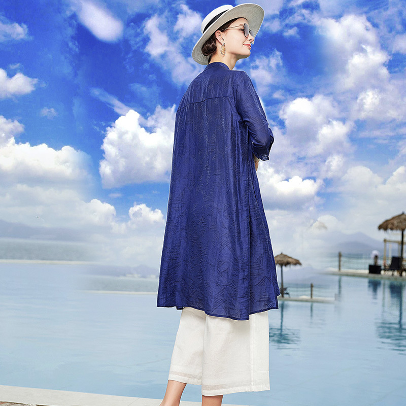 丁摩 夏季新款天丝提花时尚洋气百搭宽松衬衫防晒衣开衫薄外套20-167·蓝色
