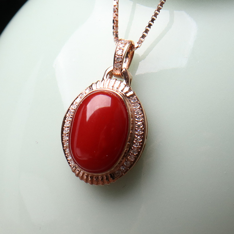 映时18k金精选阿卡红珊瑚蛋面吊坠花件
