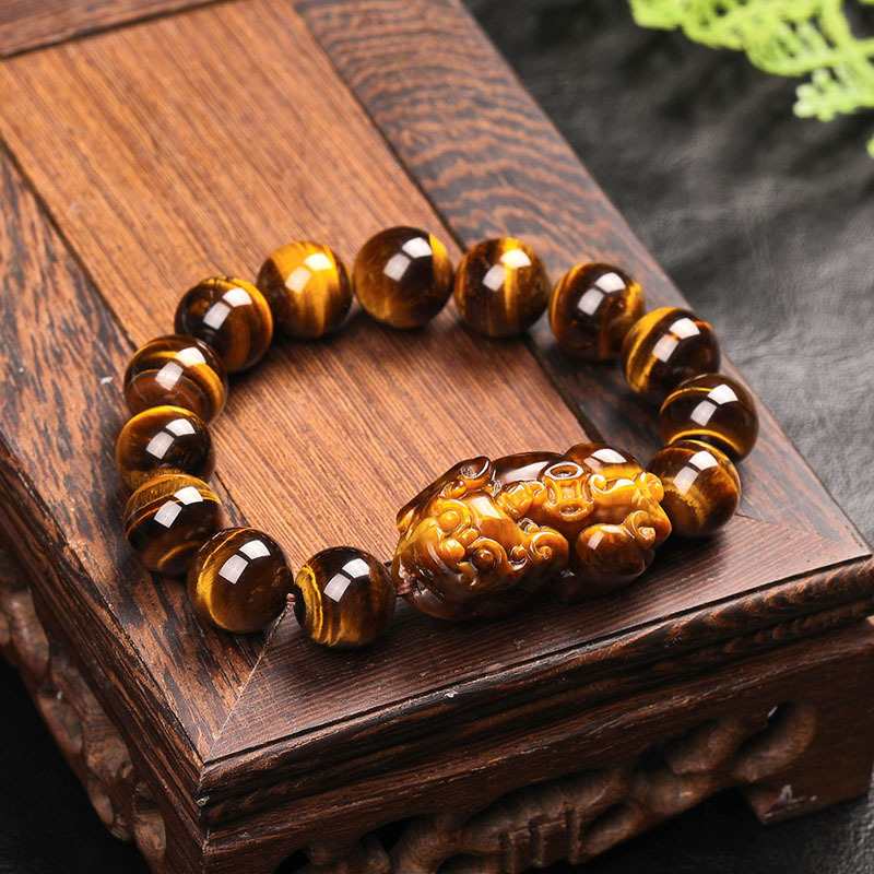 老冯记12mm天然虎眼石单圈貔貅手链