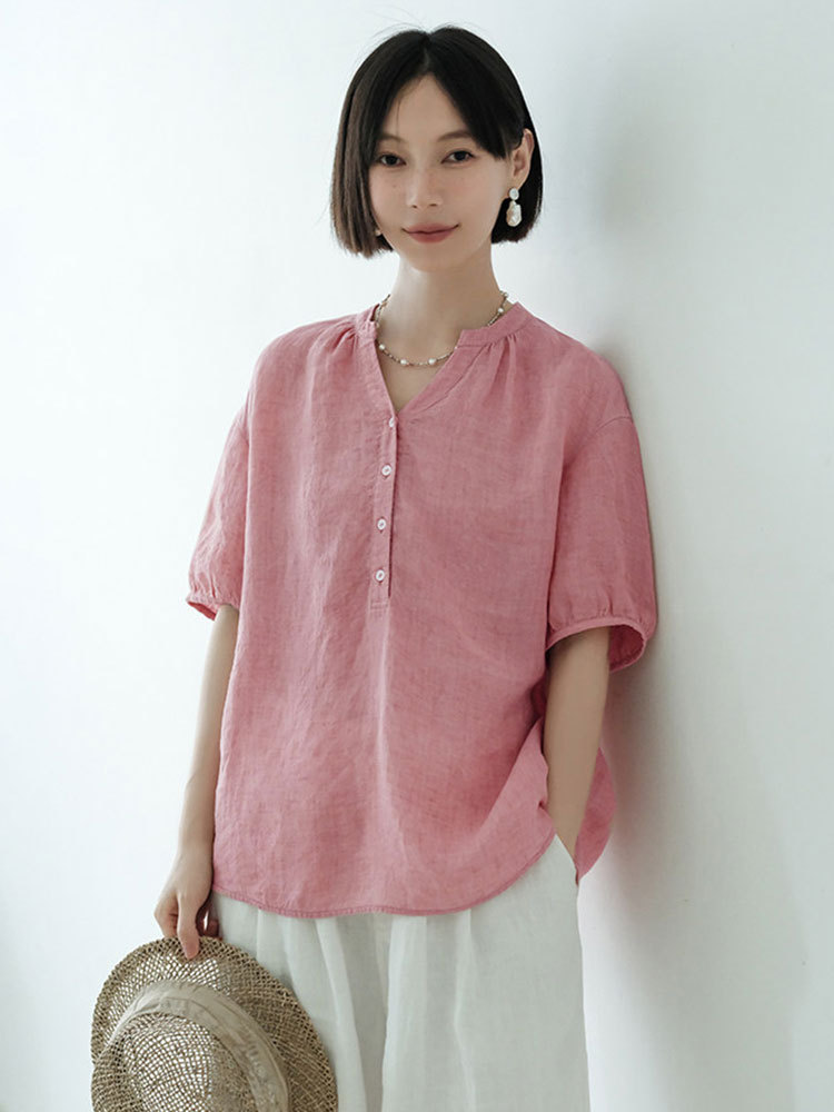 【新款特价】棉麻透气文艺复古宽松显瘦百搭上衣·蓝色