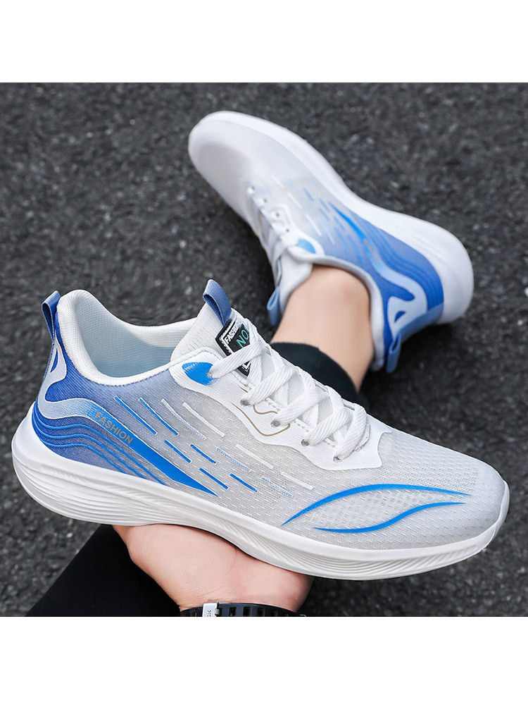 新款时尚超轻减震透气防滑男士休闲运动鞋·白青（PE拉链袋装）