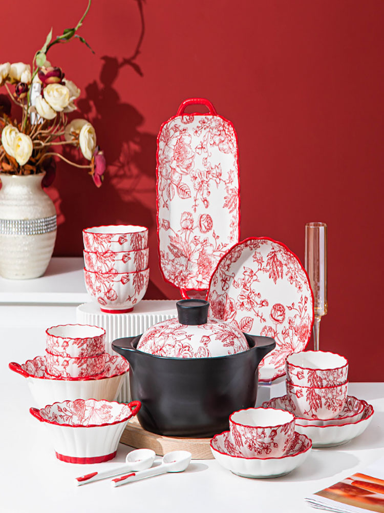 复古玫瑰皇后系列新中式陶瓷餐具套装11件套