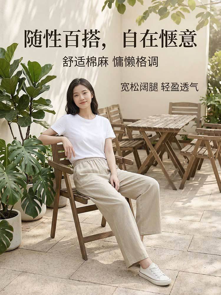 天丝亚麻松紧高腰九分裤微阔直筒裤9221#·米白色