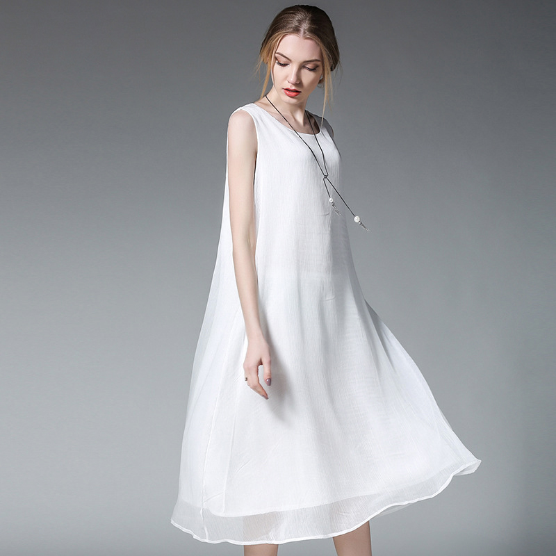 雀说 大码新款背心裙胖mm显瘦无袖雪纺连衣裙女6372·白色