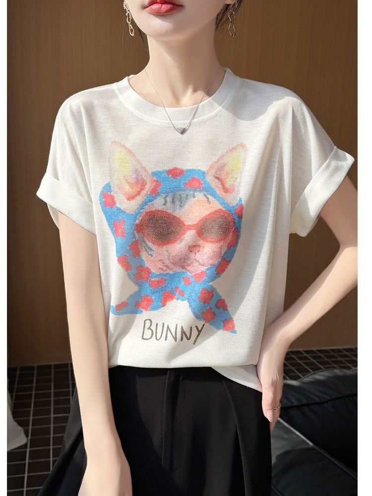 新款印花精纺莱赛尔宽松透气挽袖设计显瘦短袖·杏色