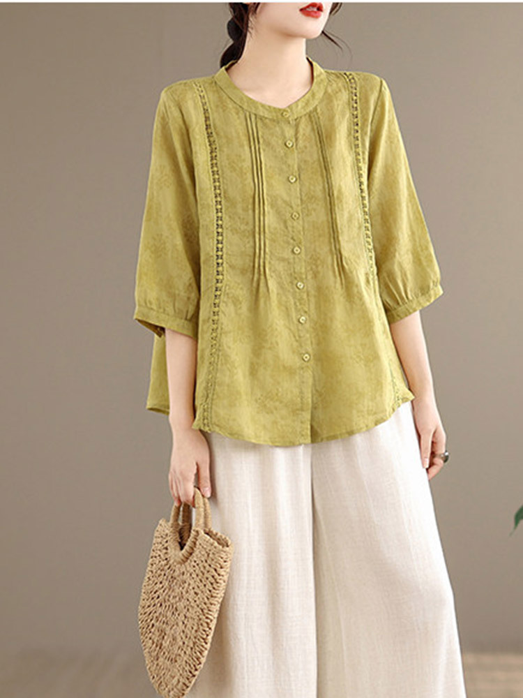 棉麻镂空刺绣文艺减龄宽松显瘦七分袖上衣·桔色
