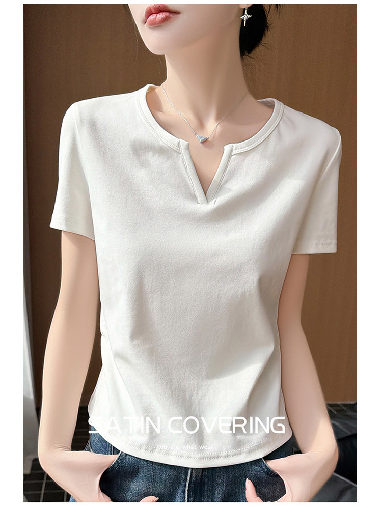 新款92纯棉质感透气设计师V领气质短袖·黄色