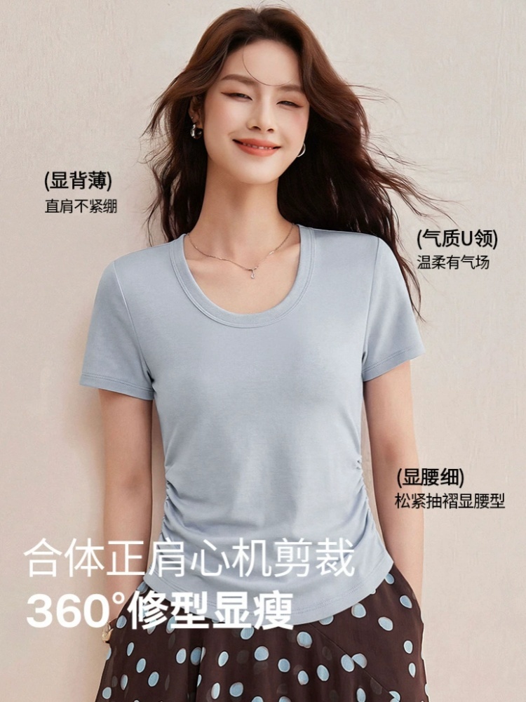 【凉感天丝】修娴U领抽褶T恤W128·品质白