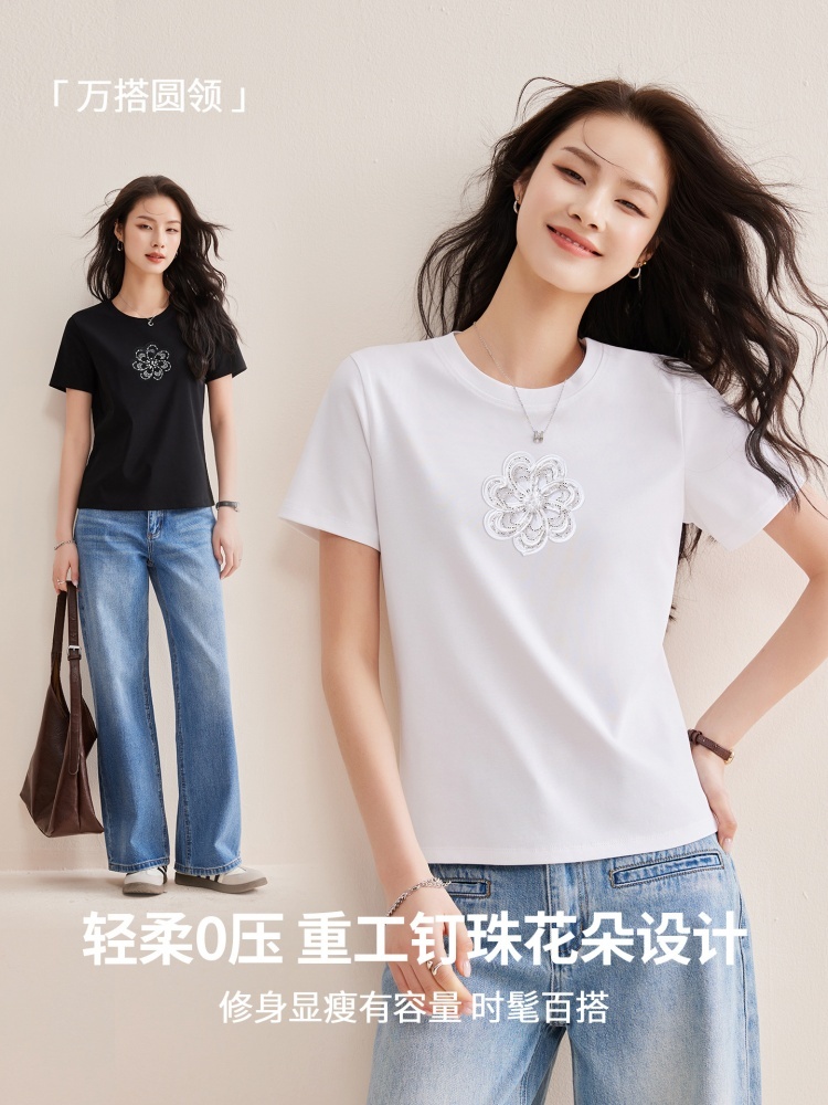 【80S丝光长绒棉】修娴重工亮丝花朵钉珠刺绣T恤W45·白色