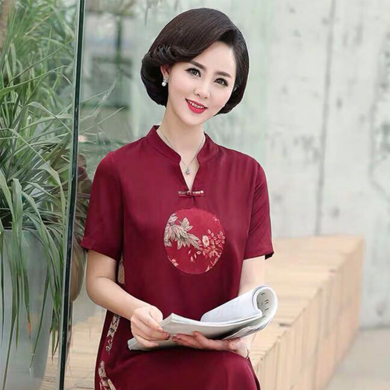 夏季中国风真丝短袖中老年连衣裙·红色  红色