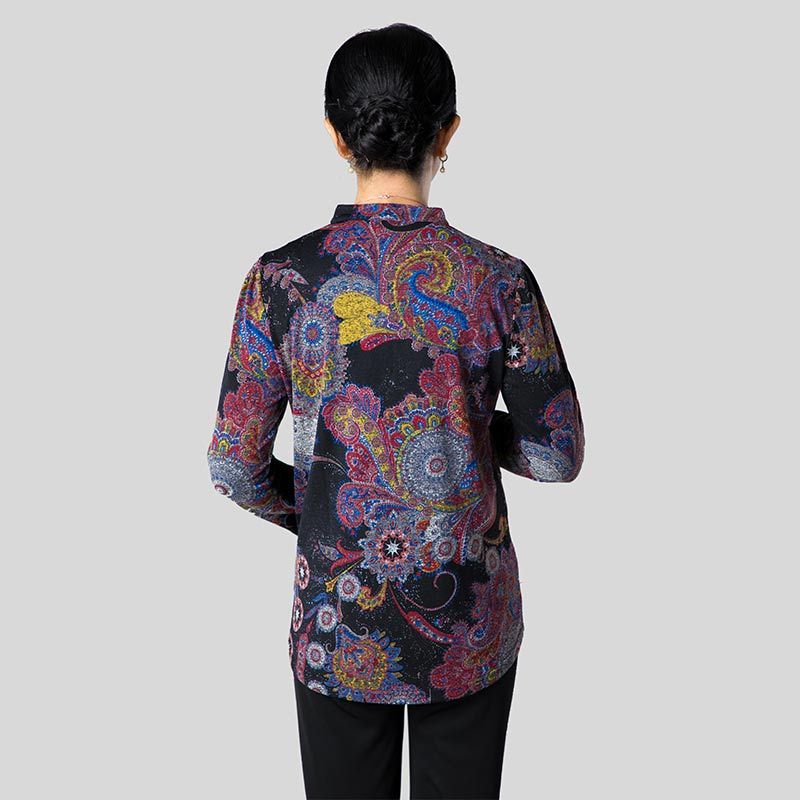 菁夫人v领花色弹力大衫·黑色