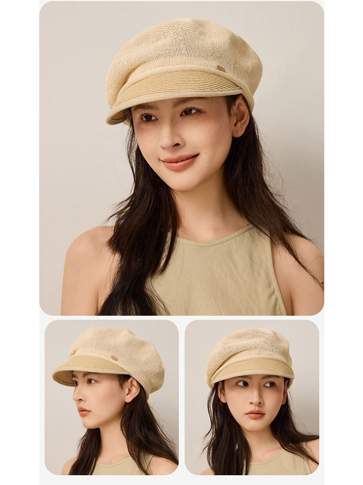 透气亚麻日系设计师款帽围调节绳新式贝雷帽·米色
