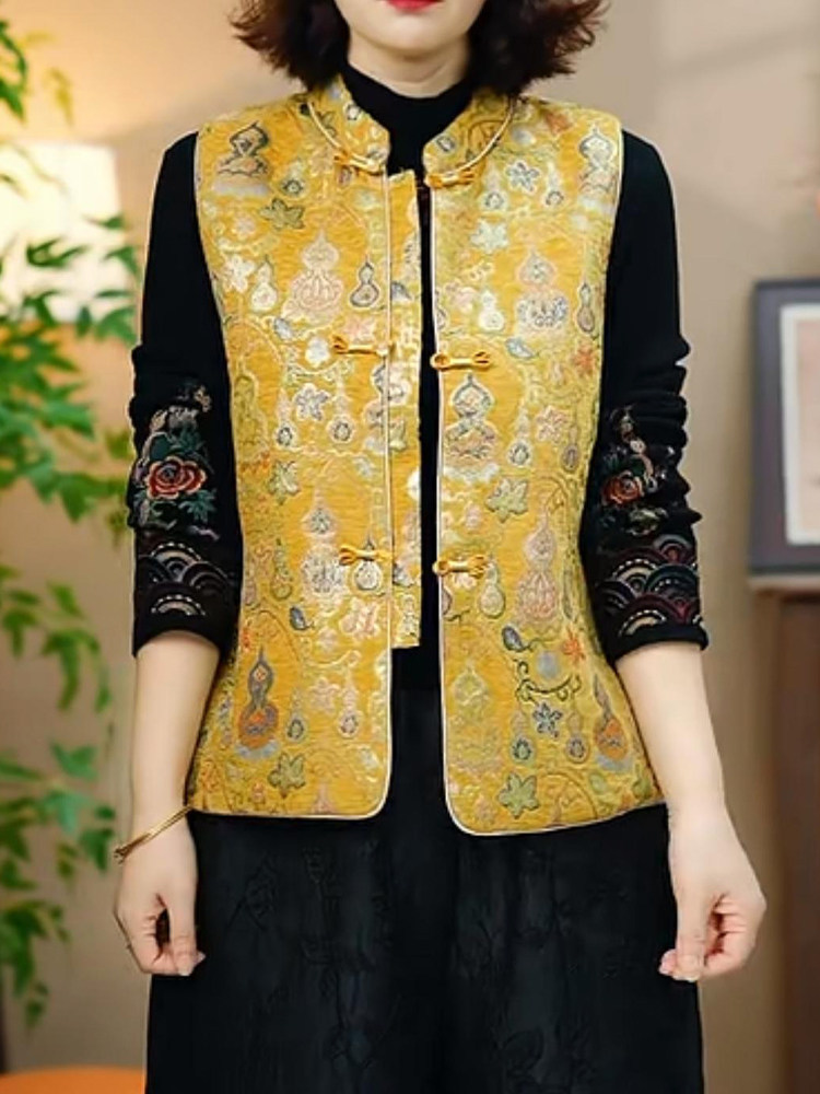 【爆款热卖】新中式国风盘扣夹棉保暖气质提花马甲·紫色