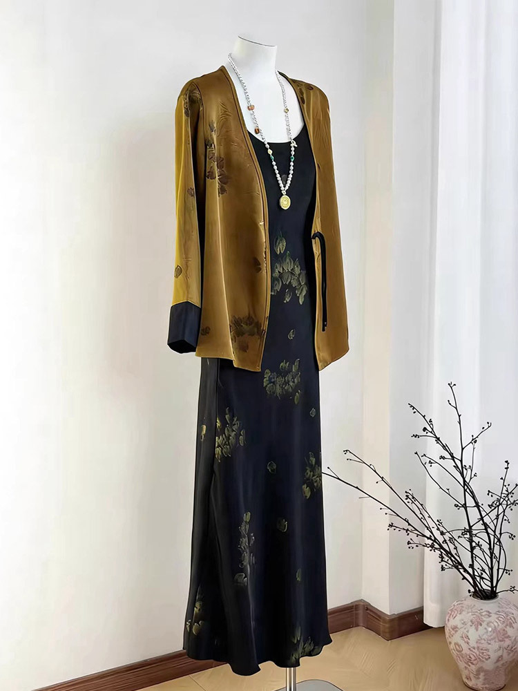 【超值2件套】新中式国风醋酸缎面烫金繁花开衫长裙组·金色上衣+黑色裙子