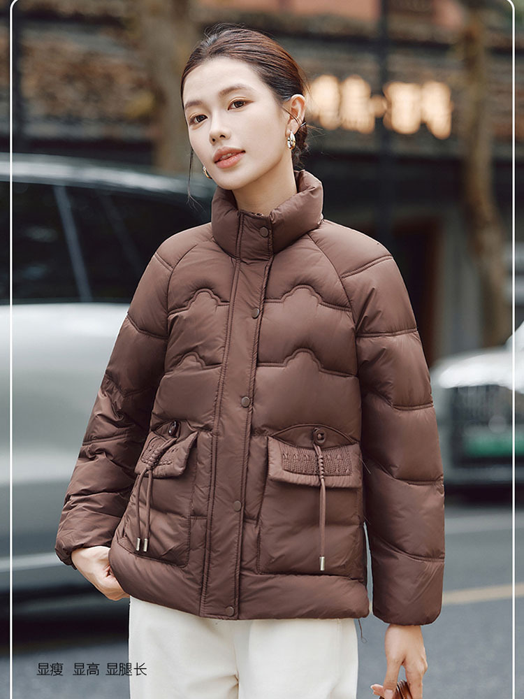 【爆款特价】时尚立领蛋白丝拉链口袋保暖羽绒棉外套·驼色