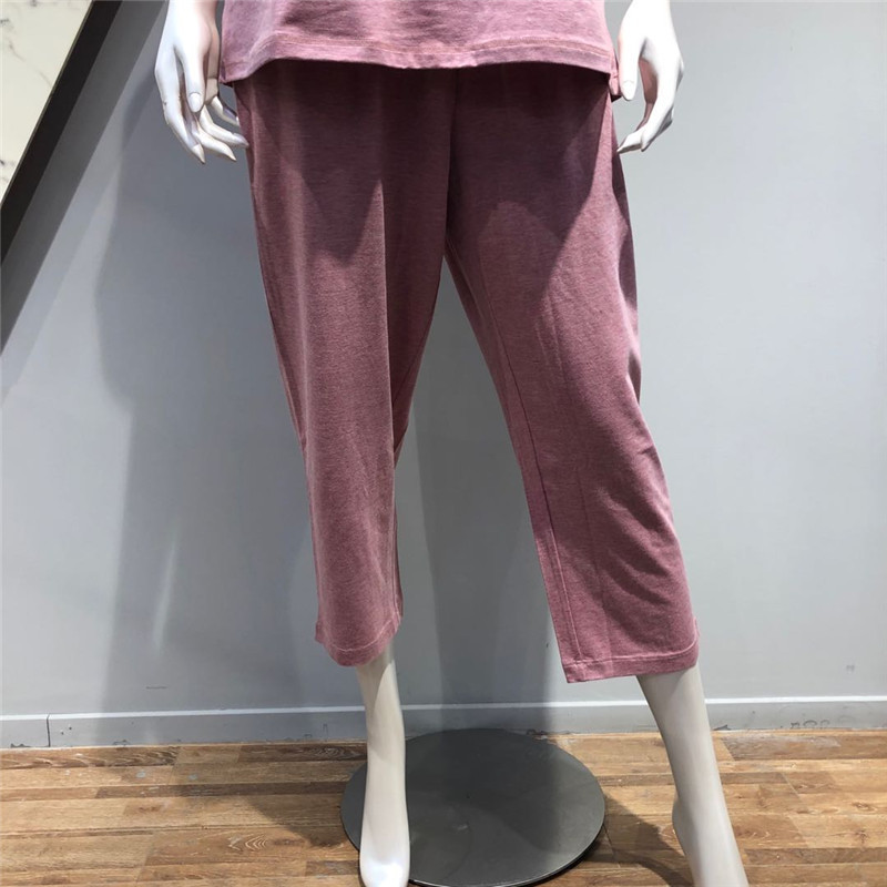 纤丝鸟经典竹棉色纺女士圆领半袖八分裤套装·20017-麻红色