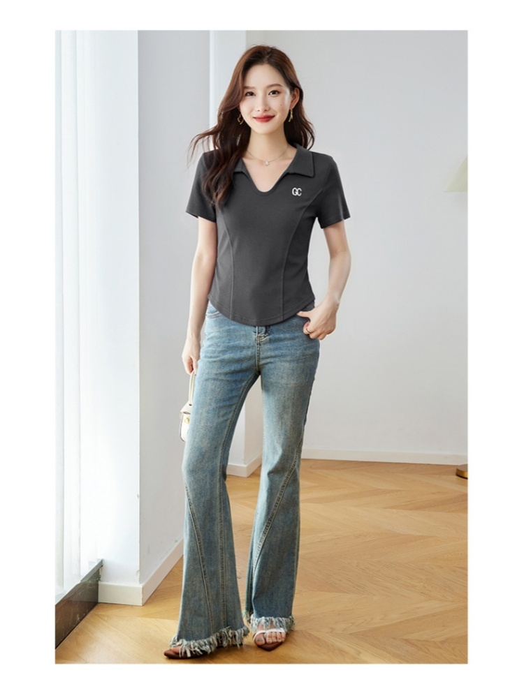 【92精梳棉】轩凌子POLO领短款收腰T恤XS82420040·深灰色