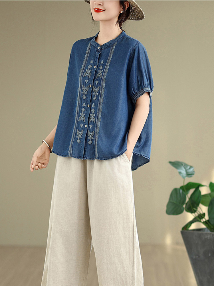 天丝棉刺绣文艺复古大码显瘦气质短袖·图片色