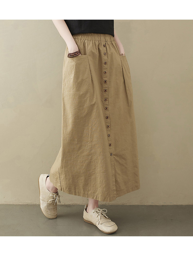 新款棉麻文艺复古松紧腰口袋显瘦百搭中长款半裙·黑色