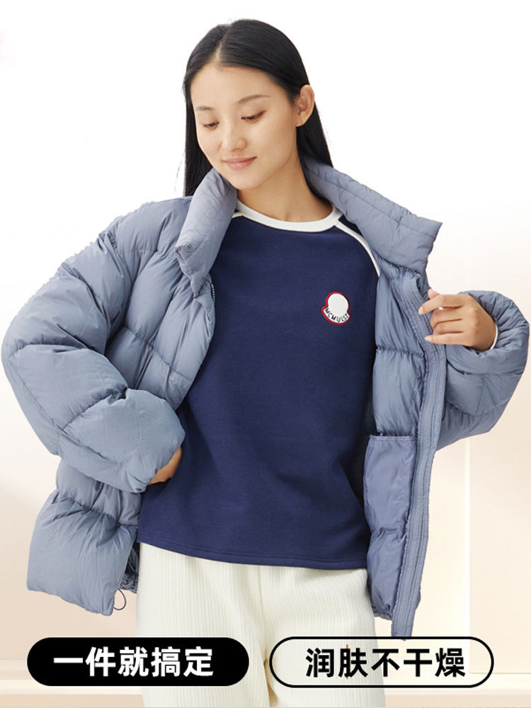 460ggA类加厚德绒圆领撞色刺绣插肩袖保暖上衣打底衫7223#·藏蓝