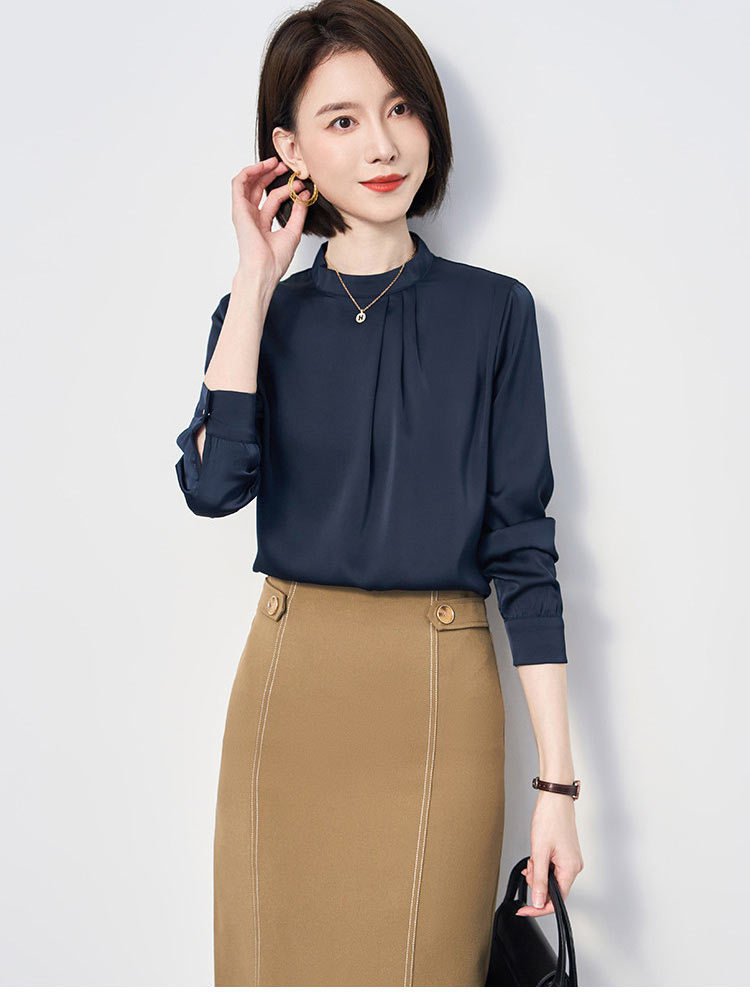 罗蒙圆领气质长袖衬衫女商务休闲通勤质感纯色99XCM60C01·白色
