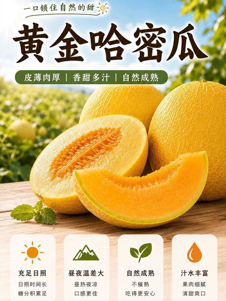 甘肃黄金哈密瓜带箱9斤【3-4个】皮薄肉厚 香甜多汁 果香浓郁