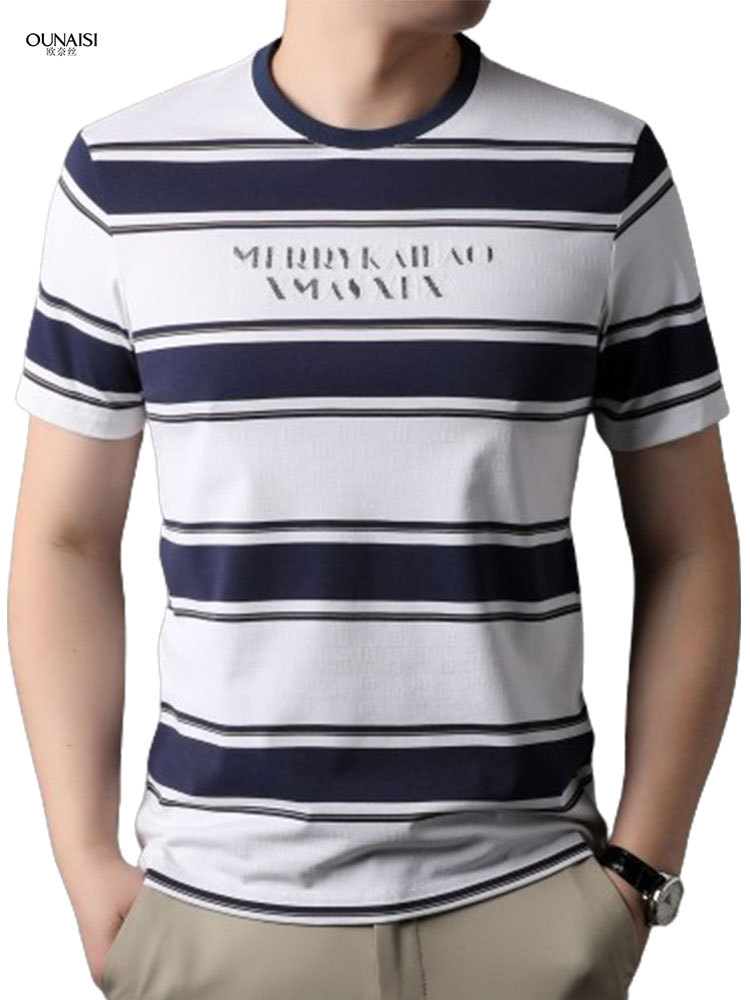 欧奈丝男士圆领条纹气质短袖T恤NSM4111627·白色