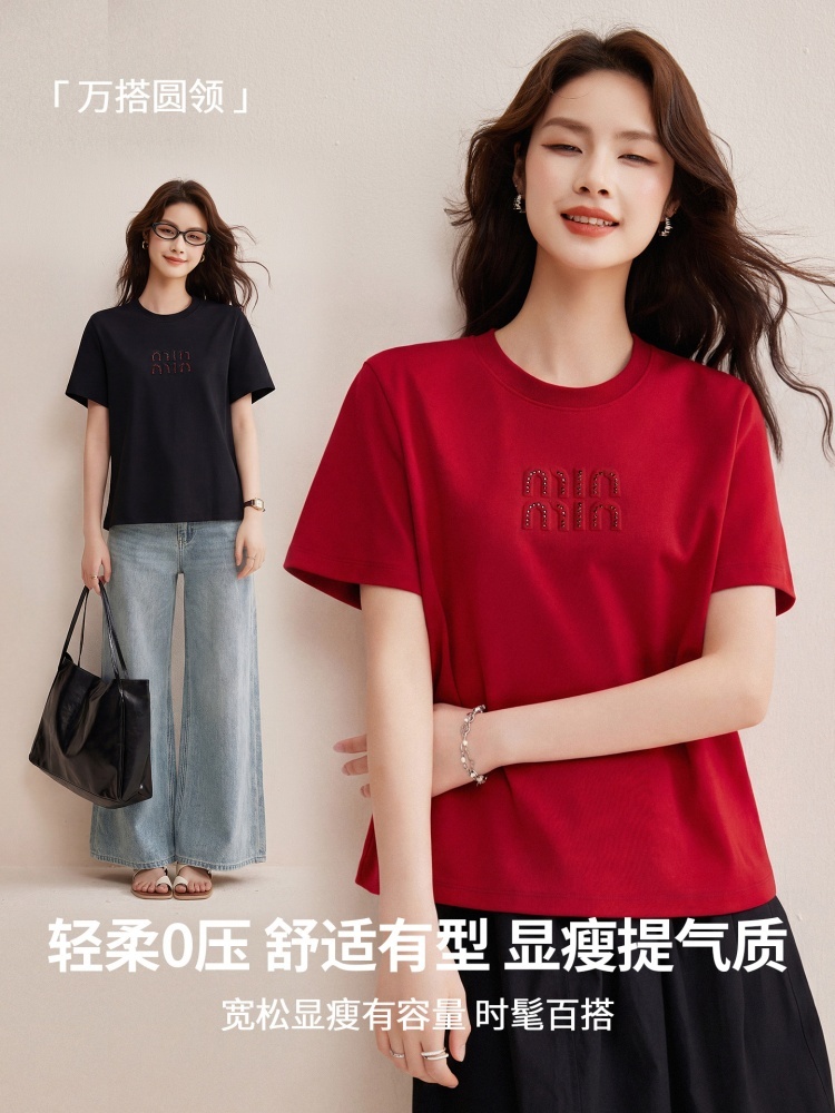 【95匹马棉】修娴字母烫钻T恤W38·新年红