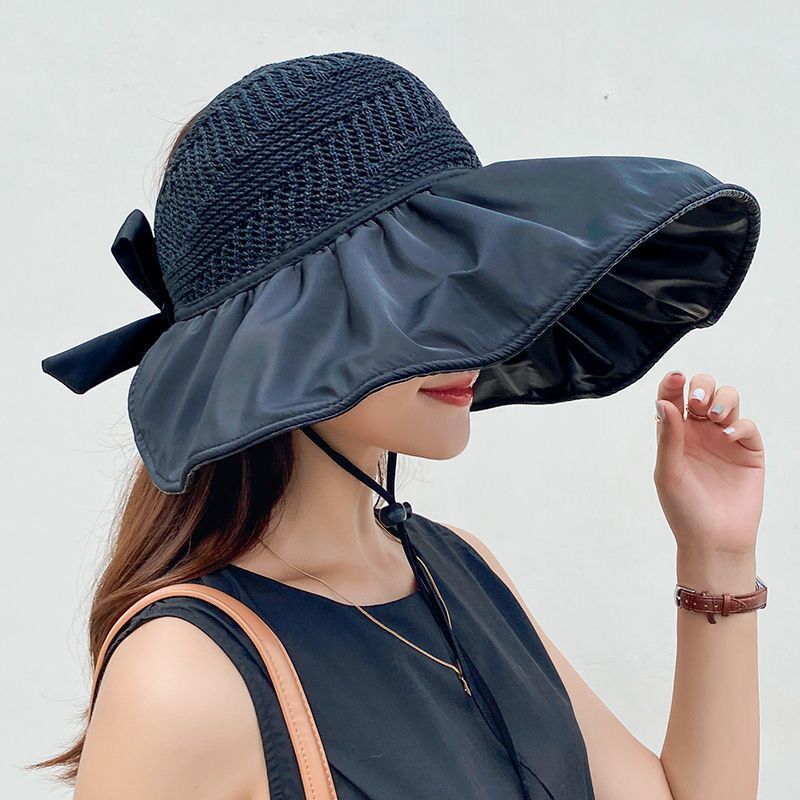 玉露浓 UPF50+黑胶涂层防晒可折叠空顶太阳帽·黑色