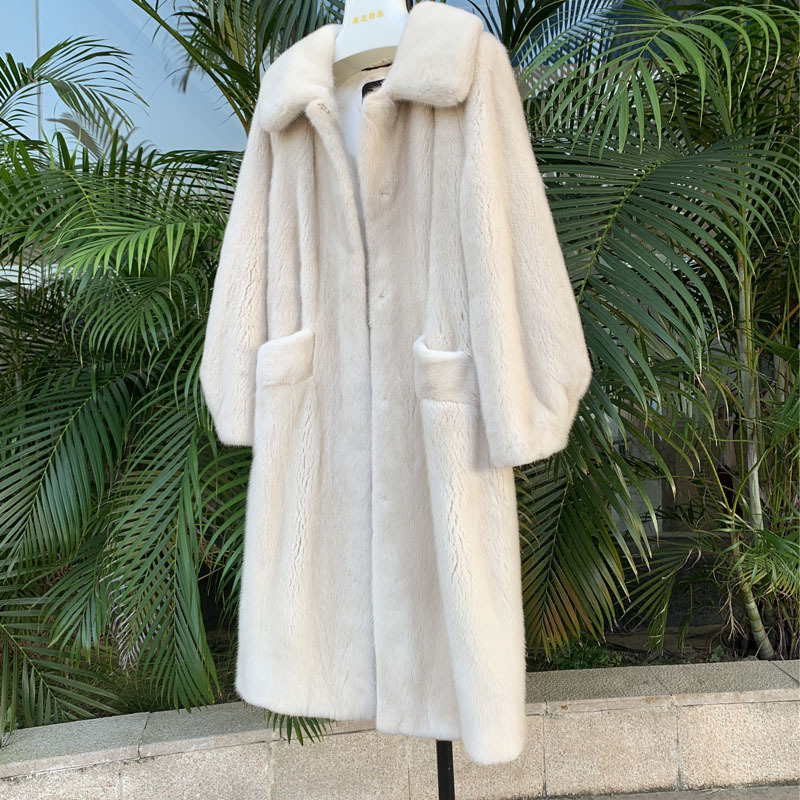 安柘娜新款天鹅绒水貂皮草女整貂皮外套中长款kd81026·珍珠色