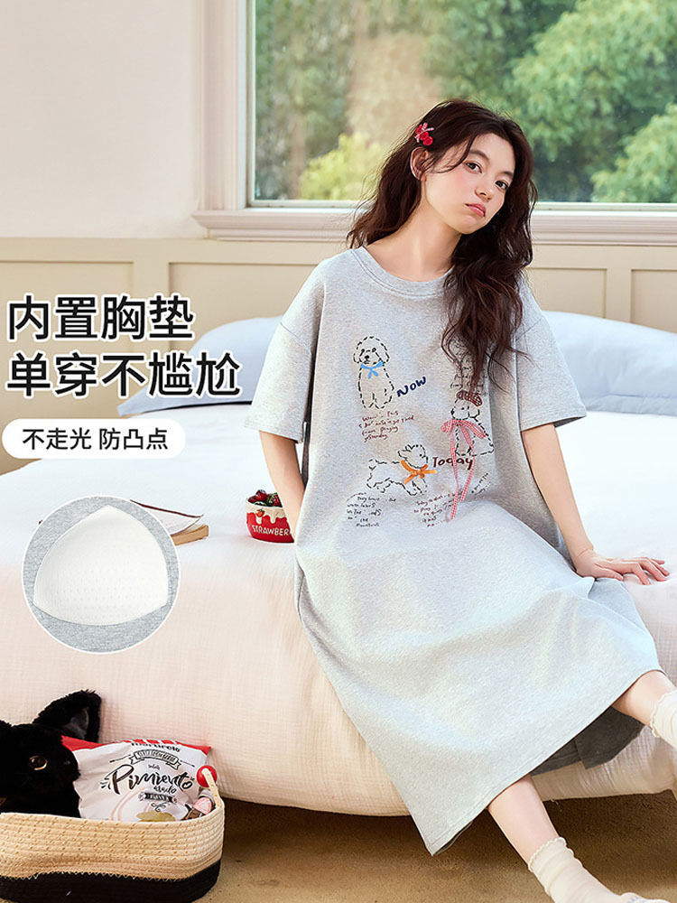 丁摩 带胸垫短袖睡裙女夏纯棉长款过膝睡衣·G8665